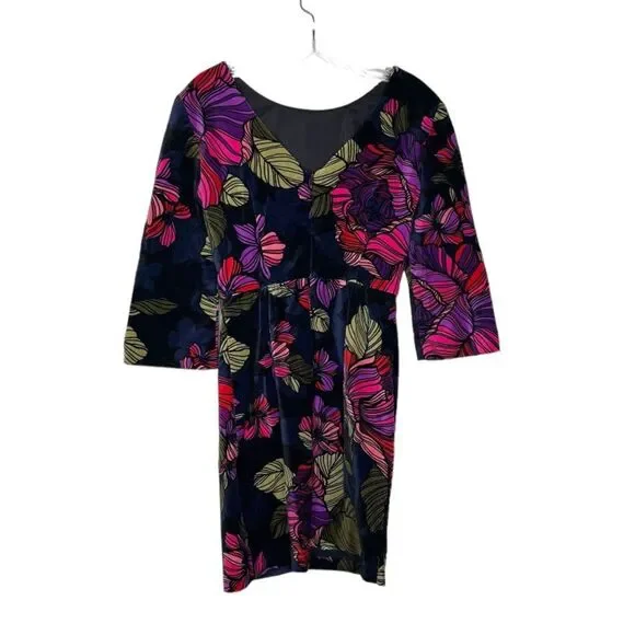 TRINA TURK Velveteen Dress Bold Floral Print Party Dress 3/4 Sleeve Size 0 - Picture 6 of 9